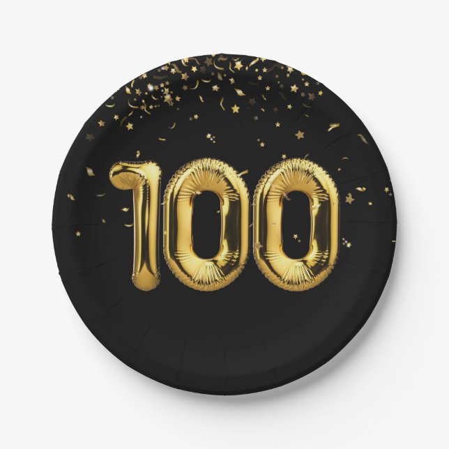 Gold 100th Birthday Balloons With Confetti Paper Plates (Front)