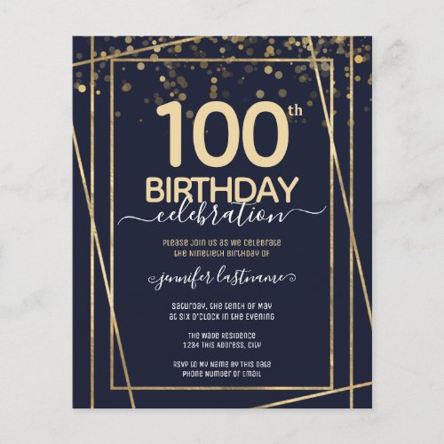 Gold 100th Birthday Party Budget Invitation