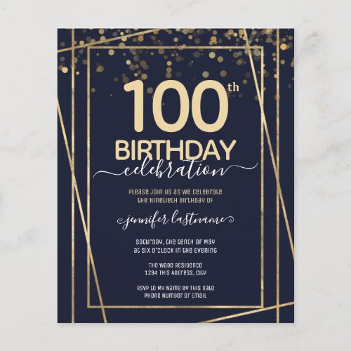 Gold 100th Birthday Party Budget Invitation