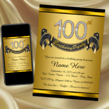 Gold 100th Birthday Party Invitation by InvitationCentral at Zazzle