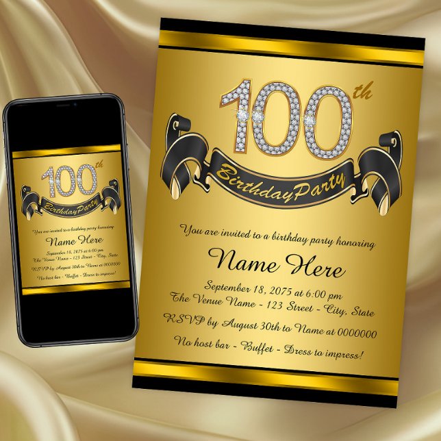 Gold 100th Birthday Party Invitation