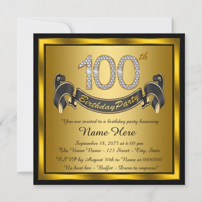 Gold 100th Birthday Party Invitation (Front)
