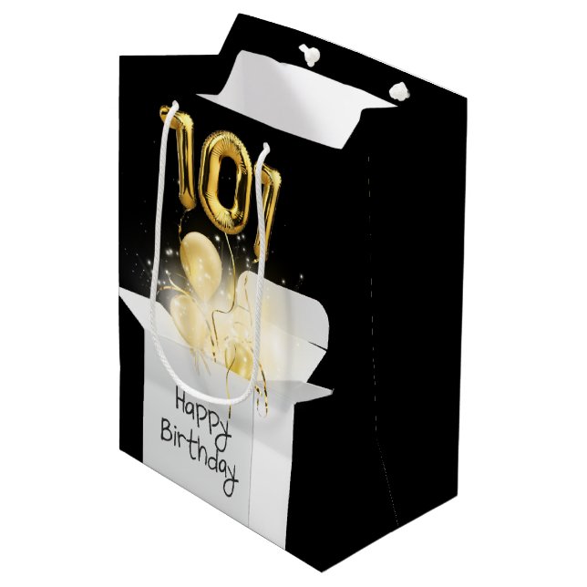 Gold 101st Birthday Balloons in White Box   Medium Gift Bag (Front Angled)