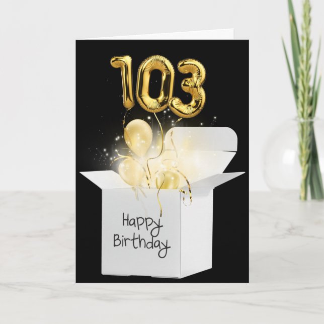 Gold 103rd Birthday Balloons In White Box Card (Front)