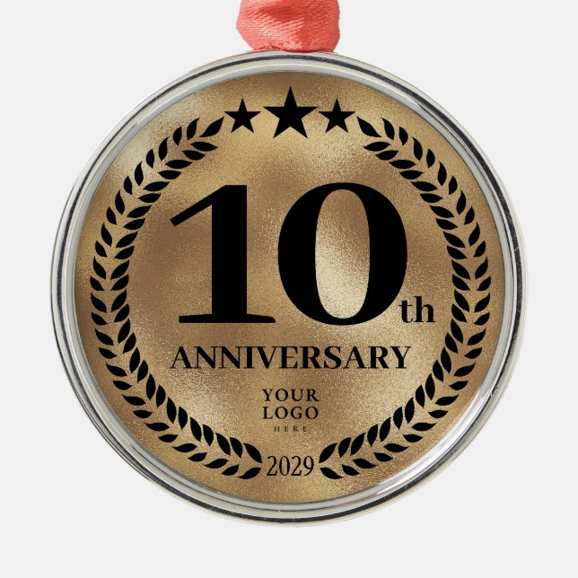 Gold 10th Anniversary Business Logo Christmas Metal Ornament (Front)
