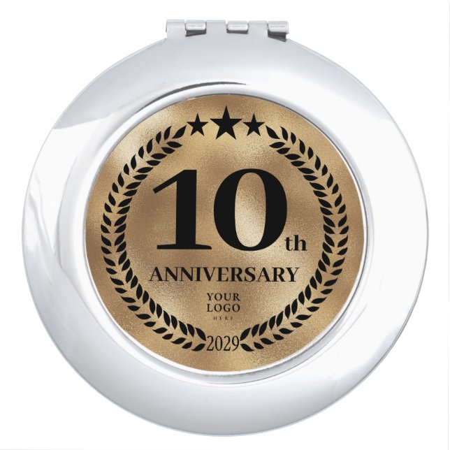 Gold 10th Anniversary Custom Business Logo Compact Mirror (Front)