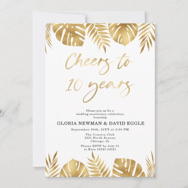 Gold 10th Wedding Anniversary Invitation (Front)