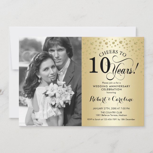 Gold 10th Wedding Anniversary with Photo Invitation (Front)