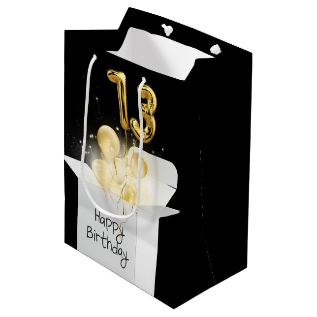 Gold 13th Birthday Balloons in White Box   Medium Gift Bag (Front Angled)