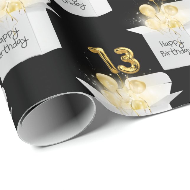 Gold 13th Birthday Balloons in White Box  Wrapping Paper (Roll Corner)