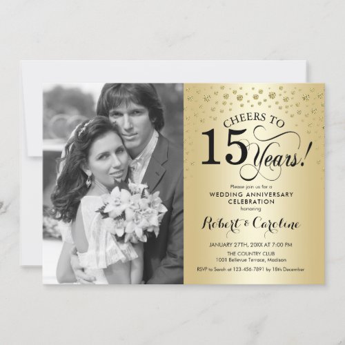 Gold 15th Wedding Anniversary with Photo Invitation