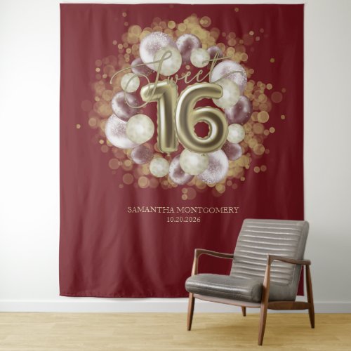 Gold 16 Bday Balloons Party Burgundy Backdrop