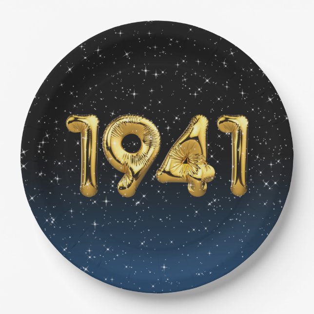 Gold 1941 Birth Year Balloons With Stars Paper Plates (Front)