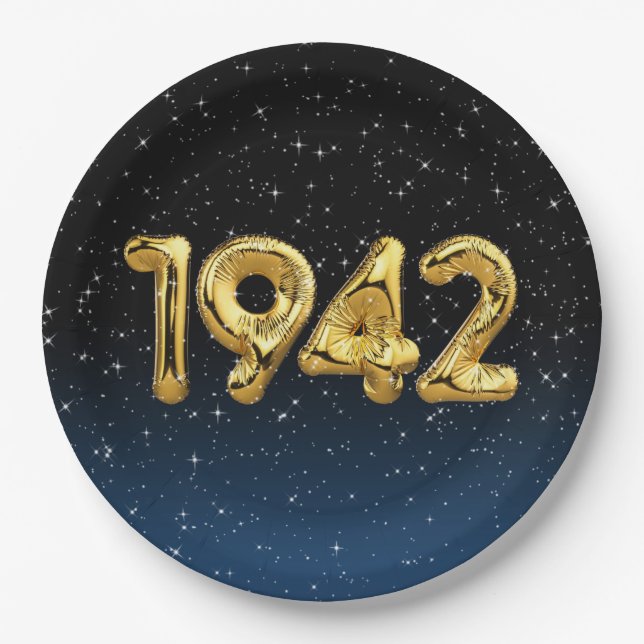 Gold 1942 Birth Year Balloons With Stars Paper Plates (Front)