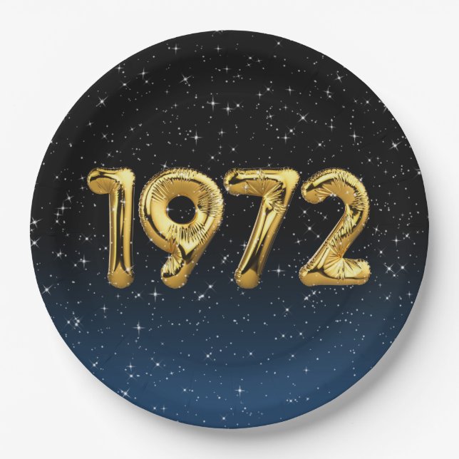 Gold 1972 Birth Year Balloons In Stars Paper Plates (Front)