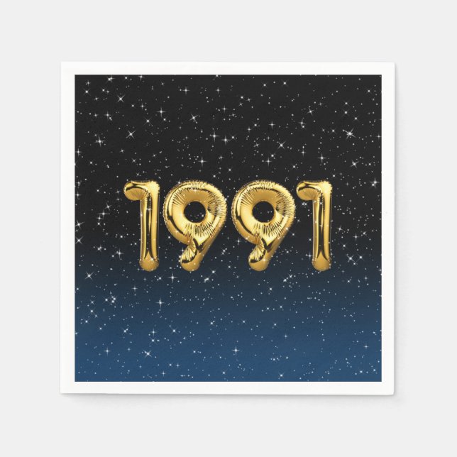 Gold 1991 Birth Year Balloons In Stars Napkins (Front)