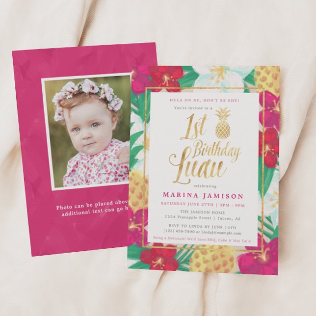 Gold 1st Birthday Luau Party Invitations (Creator Uploaded)