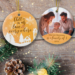 Gold 1st Christmas Family of 3 Quote Photo Ceramic Ornament