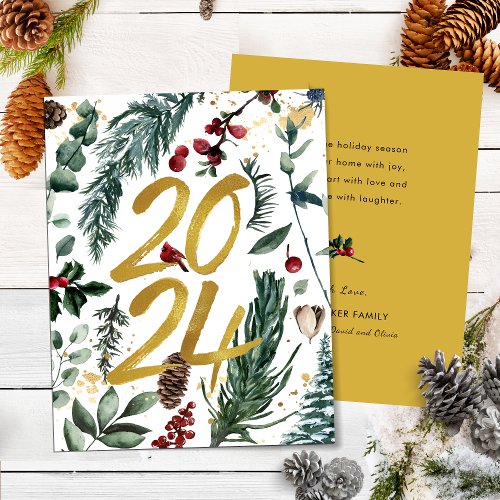 Gold 2024 Festive Christmas Pine Bough Red Floral  Holiday Card