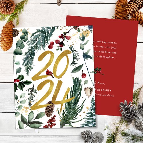 Gold 2024 Festive Christmas Pine Bough Red Floral  Holiday Card