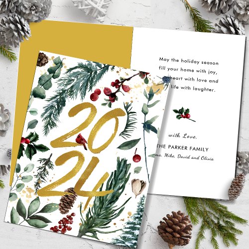 Gold 2024 Festive Christmas Pine Bough Red Floral  Holiday Card