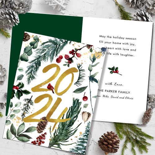 Gold 2024 Festive Christmas Pine Bough Red Floral  Holiday Card