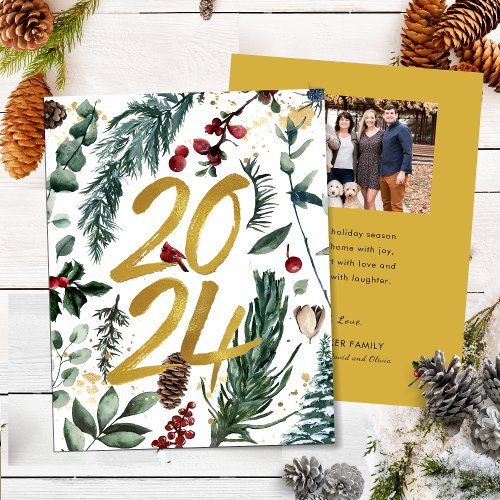 Gold 2024 Festive Christmas Pine Bough Red Photo Holiday Card