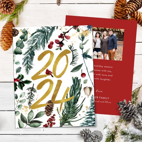 Gold 2024 Festive Christmas Pine Bough Red Photo Holiday Card