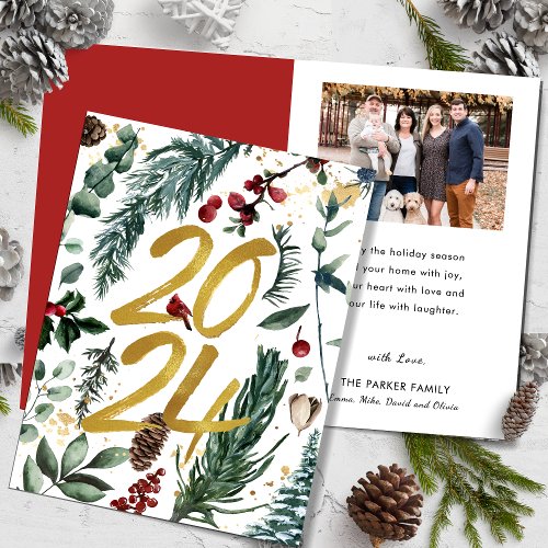 Gold 2024 Festive Christmas Pine Bough Red Photo Holiday Card