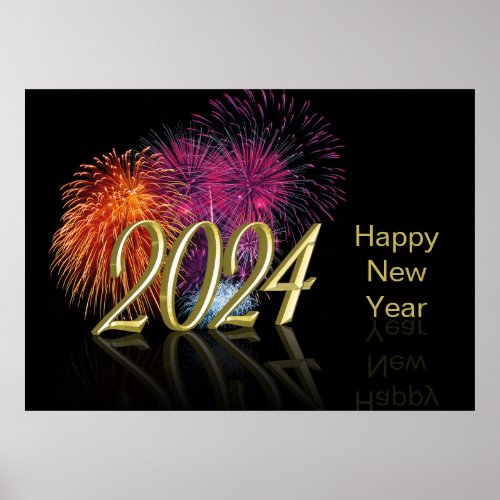 Gold 2024 Fireworks Happy New Year Poster