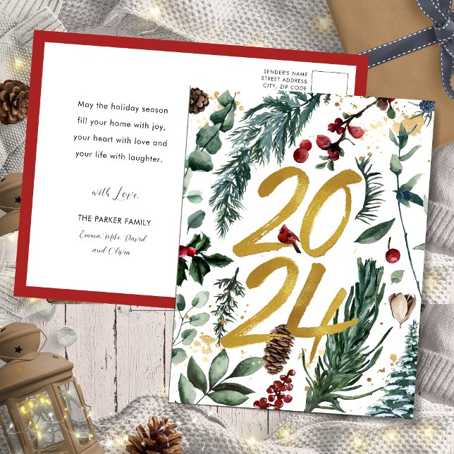 Gold 2025 Festive Christmas Pine Bough Red Floral Holiday Postcard (Creator Uploaded)
