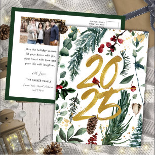 Gold 2025 Festive Christmas Pine Bough Red Photo Holiday Postcard