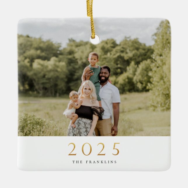 Gold 2025 Single Photo Christmas Ceramic Ornament (Front)