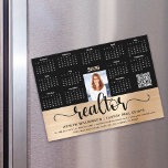 Gold 2026 Calendar Realtor Photo QR Code Magnet<br><div class="desc">Present your best self to your clients and make sure they remember you year-round with this chic, elegant, 2026 calendar magnet card. A simple, modern white typography 12 month calendar, your custom qr code, personal photo and fancy black handwritten script typography on a brushed faux gold band overlay a black...</div>
