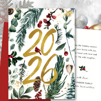 Gold 2026 Festive Christmas Pine Bough Red Floral Holiday Card