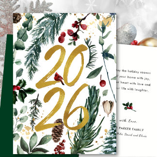 Gold 2026 Festive Christmas Pine Bough Red Floral Holiday Card