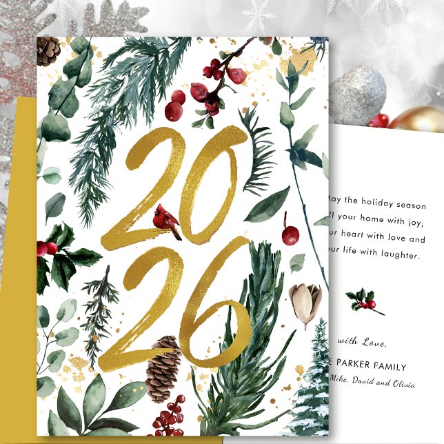 Gold 2026 Festive Christmas Pine Bough Red Floral  Holiday Card (Creator Uploaded)