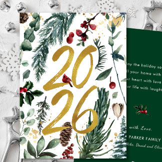 Gold 2026 Festive Christmas Pine Bough Red Floral Holiday Card
