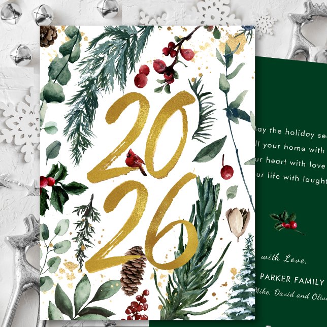 Gold 2026 Festive Christmas Pine Bough Red Floral  Holiday Card (Creator Uploaded)