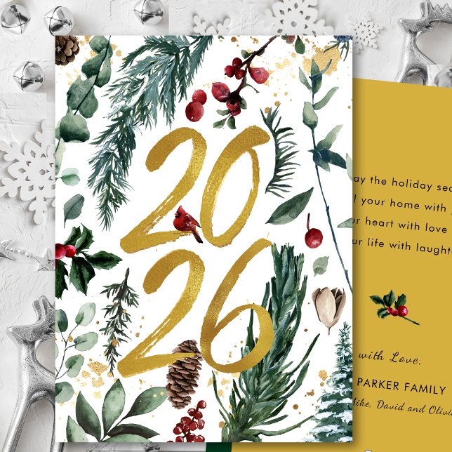 Gold 2026 Festive Christmas Pine Bough Red Floral  Holiday Card (Creator Uploaded)