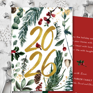 Gold 2026 Festive Christmas Pine Bough Red Floral Holiday Card