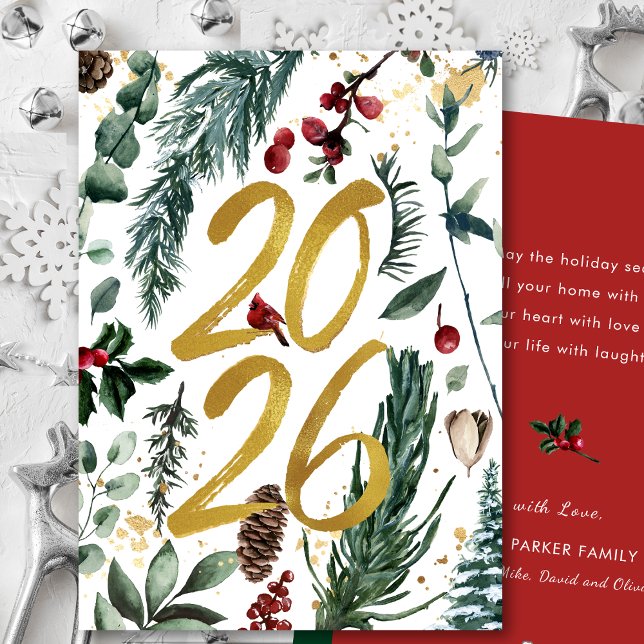 Gold 2026 Festive Christmas Pine Bough Red Floral  Holiday Card (Creator Uploaded)