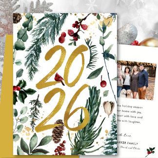 Gold 2026 Festive Christmas Pine Bough Red Photo Holiday Card