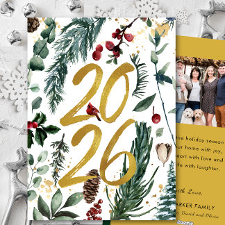 Gold 2026 Festive Christmas Pine Bough Red Photo Holiday Card