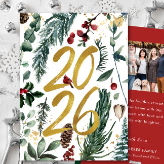 Gold 2026 Festive Christmas Pine Bough Red Photo Holiday Card
