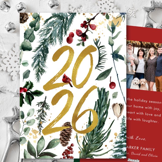 Gold 2026 Festive Christmas Pine Bough Red Photo Holiday Card (Creator Uploaded)