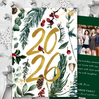Gold 2026 Festive Christmas Pine Bough Red Photo Holiday Card