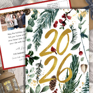Gold 2026 Festive Christmas Pine Bough Red Photo Holiday Postcard