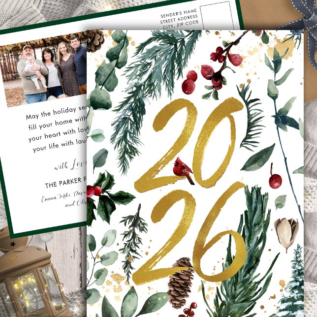Gold 2026 Festive Christmas Pine Bough Red Photo Holiday Postcard (Creator Uploaded)