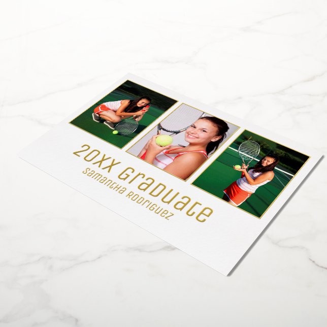 Gold 2026 Graduate 3 Photo Graduation Party Foil Invitation (Rotated)